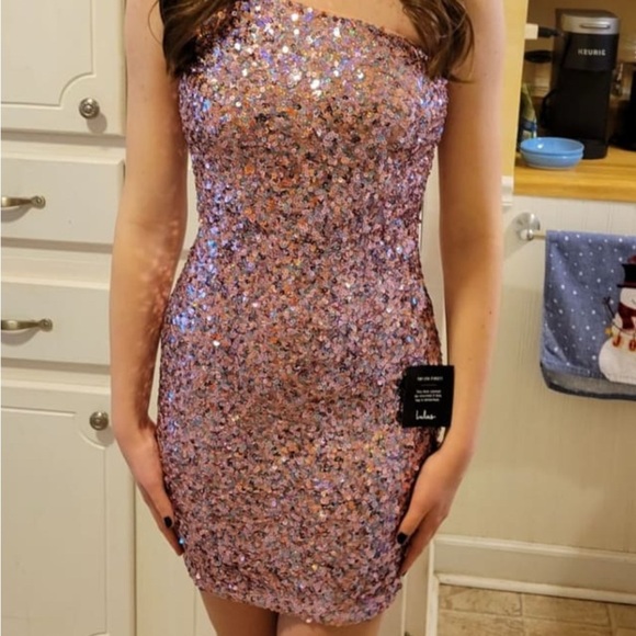 Like New! Lulus Just Tonight Bodycon Dress Womens XS Pink Iridescent Sequin - Picture 5 of 9